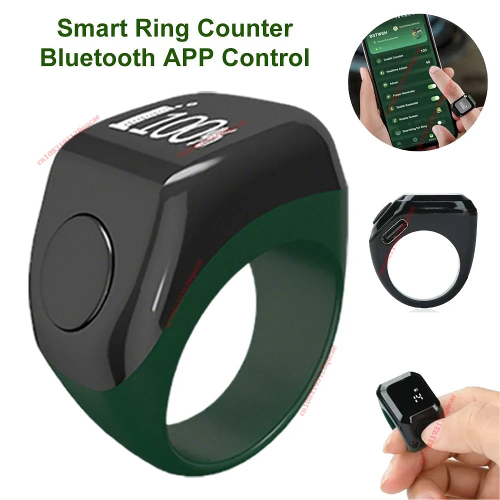 A black smart ring counter with a green band is shown next to its disassembled parts and a hand wearing the device.