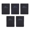 A set of five black Universal PS2 memory cards with capacities of 8MB, 16MB, 32MB, 64MB, and 128MB.