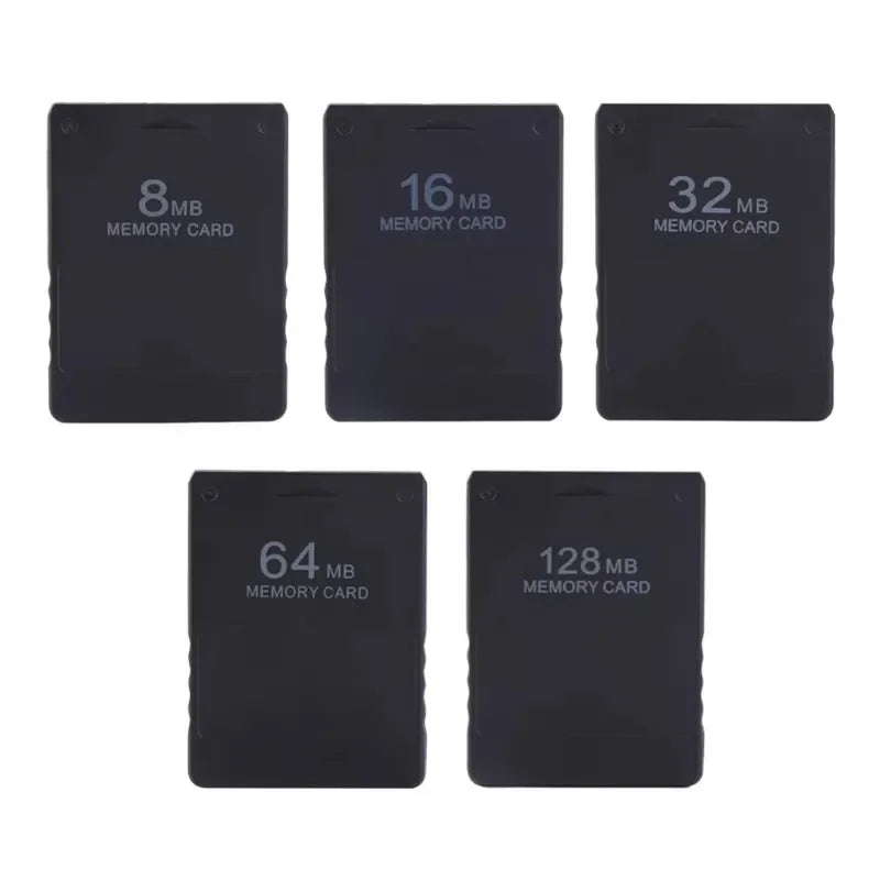 A set of five black Universal PS2 memory cards with capacities of 8MB, 16MB, 32MB, 64MB, and 128MB.