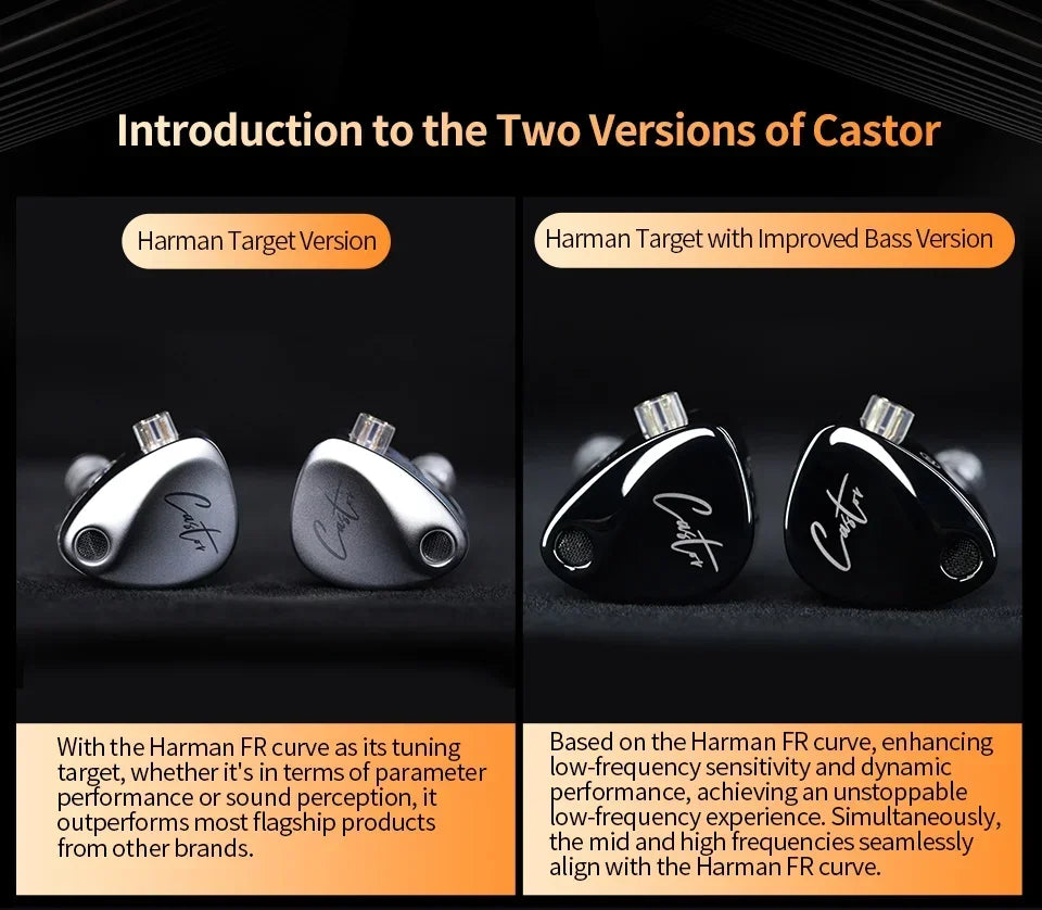 Comparison of two versions of Castor earphones Harman Target and Harman Target with Improved Bass Version