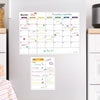 A magnetic dry erase planner board with a monthly calendar and daily tracking grid is displayed on a refrigerator.