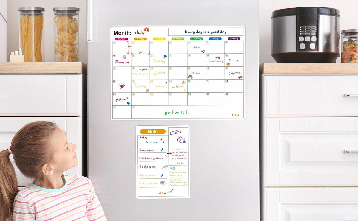 A magnetic dry erase planner board with a monthly calendar and daily tracking grid is displayed on a refrigerator.