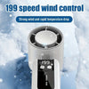 A white portable semiconductor cooling fan with a control knob is shown against a snowy, cloudy background.