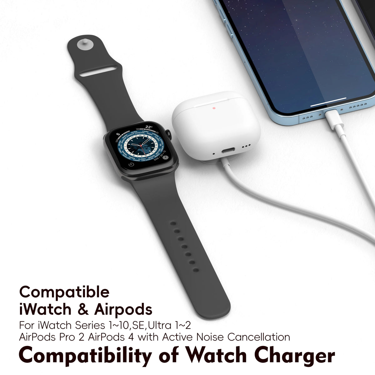 A smartwatch and an Apple AirPods case are shown next to a charging cable for universal device charging.