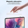 A hand is attaching a white stylus pen to an iPad, demonstrating magnetic adsorption for carrying and storing.