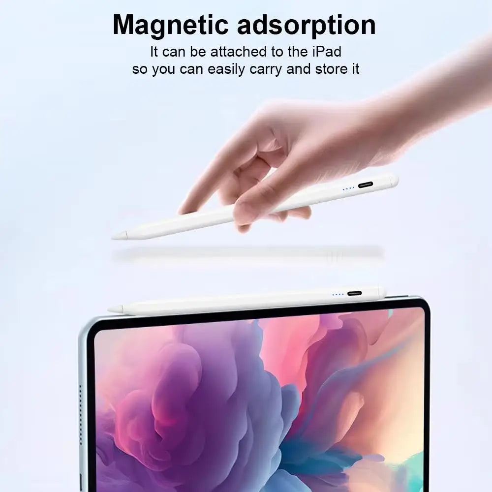 A hand is attaching a white stylus pen to an iPad, demonstrating magnetic adsorption for carrying and storing.