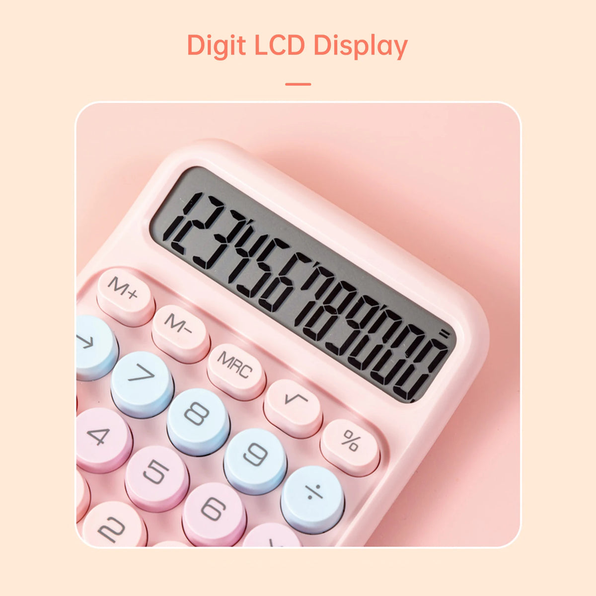 A pink Digit LCD display calculator showing the number 12345678901234567890.