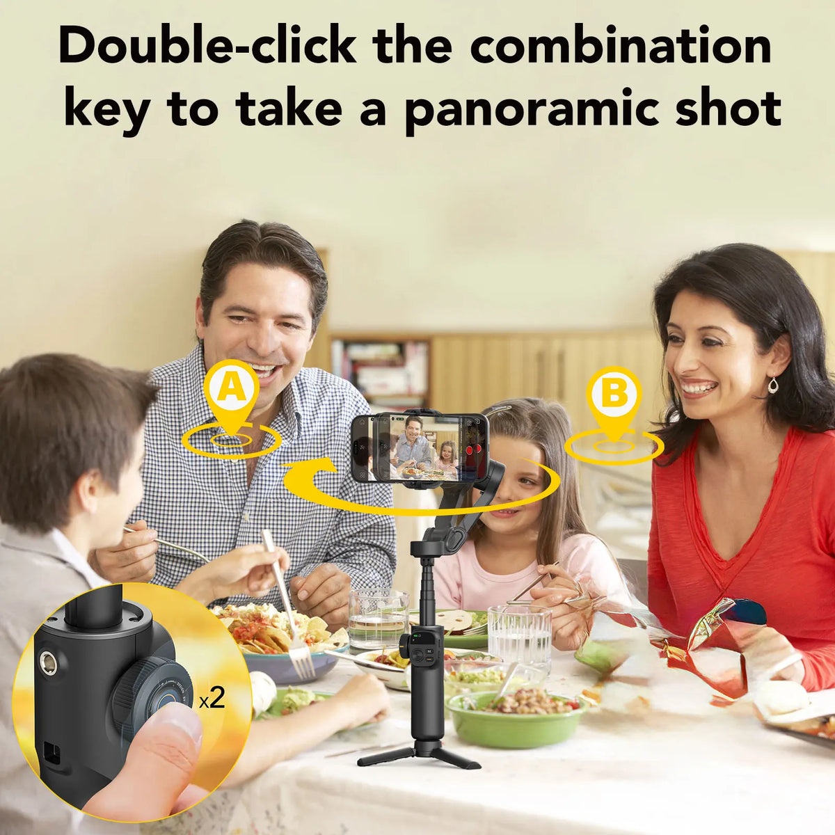 A woman and a child are using a portable smartphone gimbal stabilizer to take a panoramic photo.