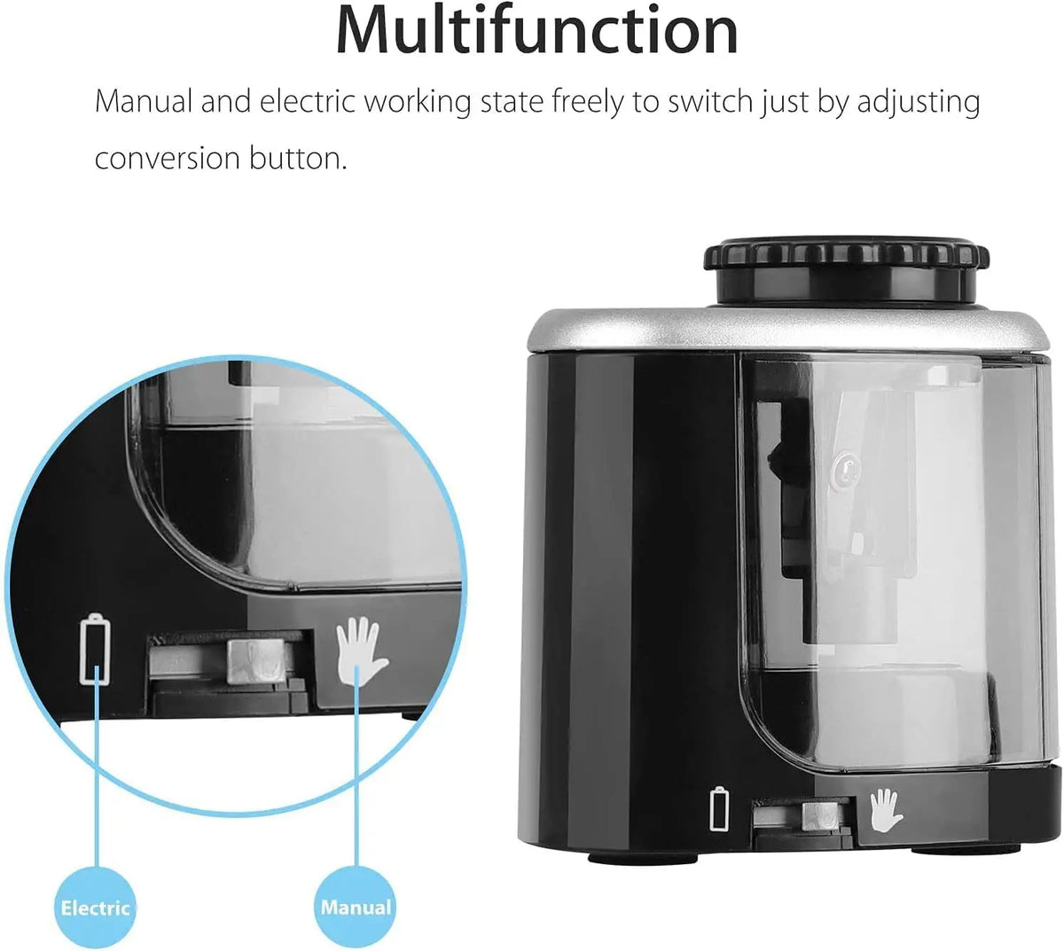 A black electric pencil sharpener with a clear container, showing manual and electric operating modes.