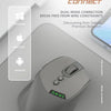 A gray wireless mouse is shown on a light surface, highlighting its dual-mode connection capability for Windows, Mac/iOS, and