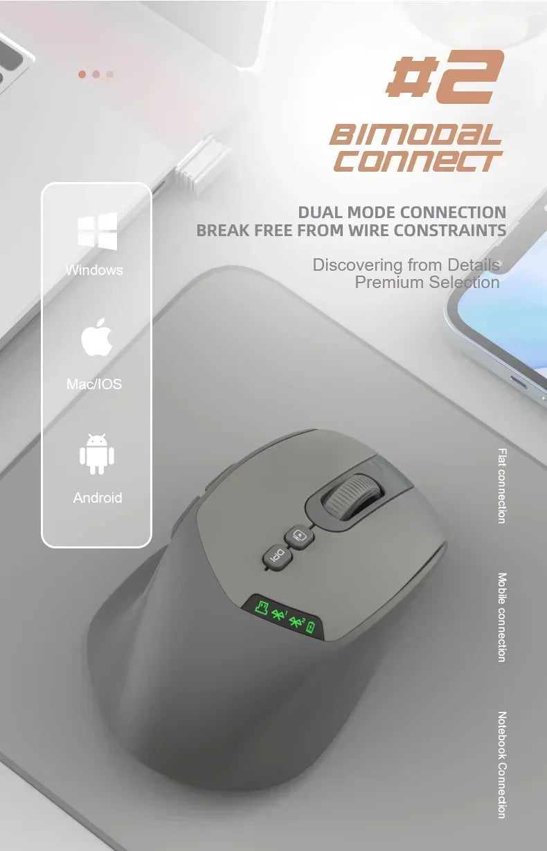 A gray wireless mouse is shown on a light surface, highlighting its dual-mode connection capability for Windows, Mac/iOS, and