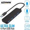 Black ULTRA SLIM 4-Port USB Hub featuring USB cable, USB drive, smart phones, and mouse & keyboard connections.