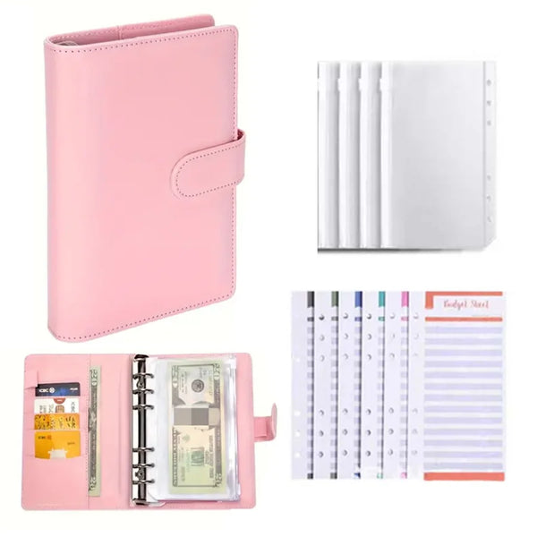 A pink genuine leather budget binder featuring multiple cash pockets and lined paper pages.