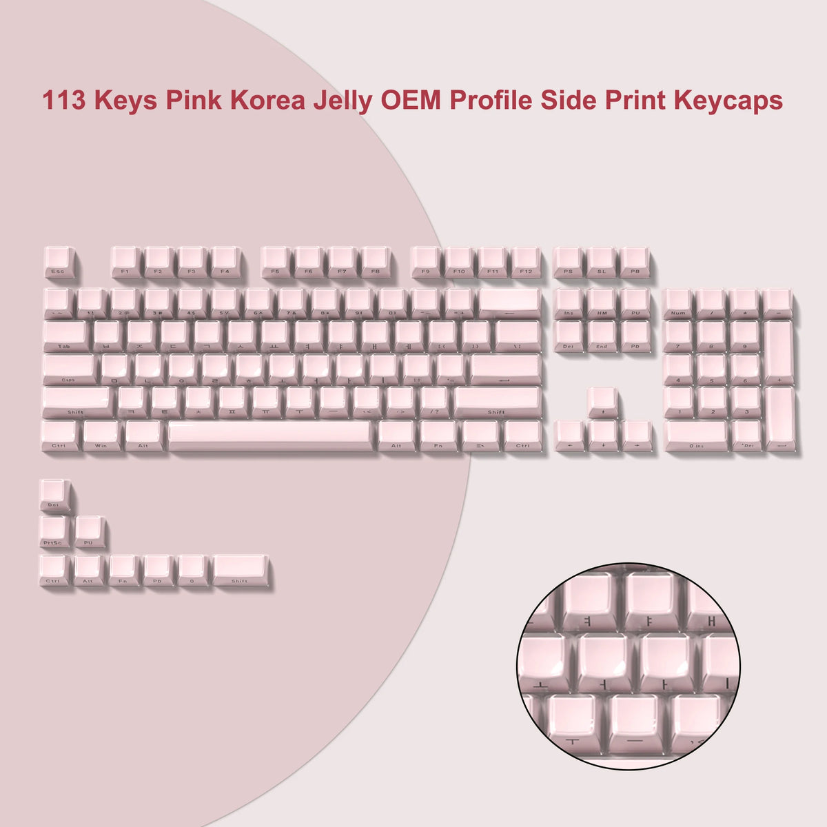 A collection of 113 pink Korea jelly OEM profile side print keycaps for mechanical keyboards.