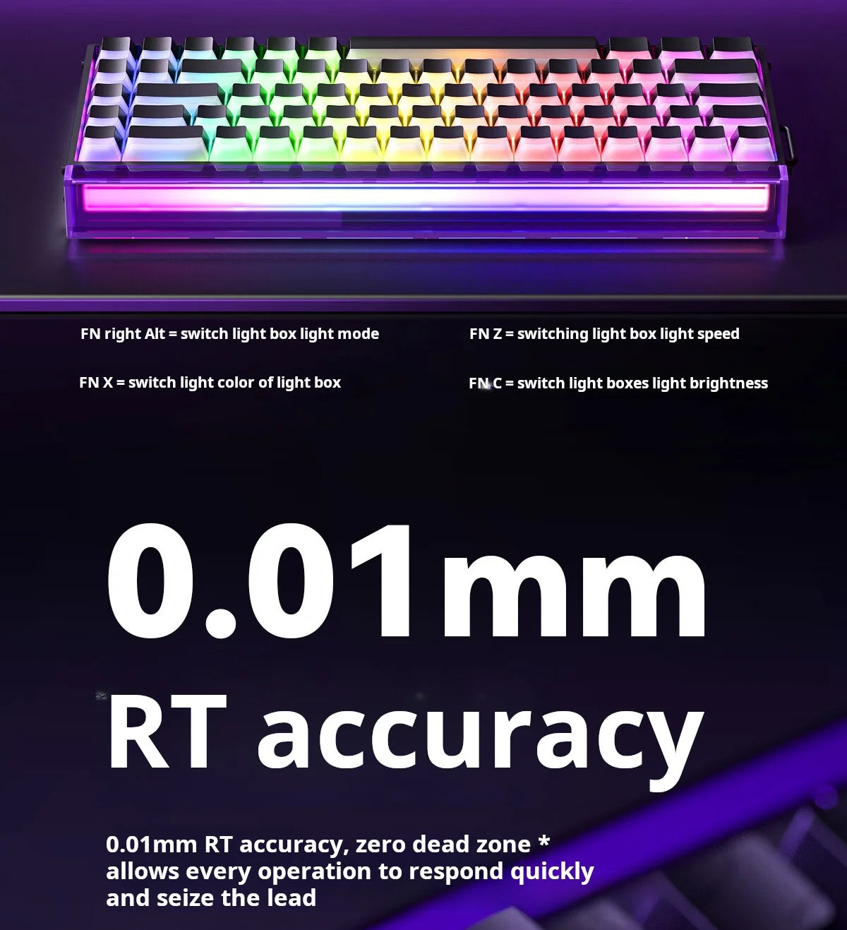Clavier mécanique à éclairage RGB, mettant en évidence sa précision de 0,01 mm.