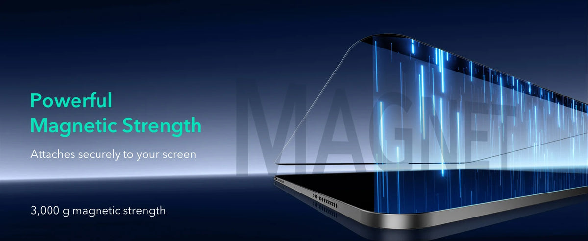 A close-up of a magnetic screen protector film being applied to an iPad screen, showing blue light lines.