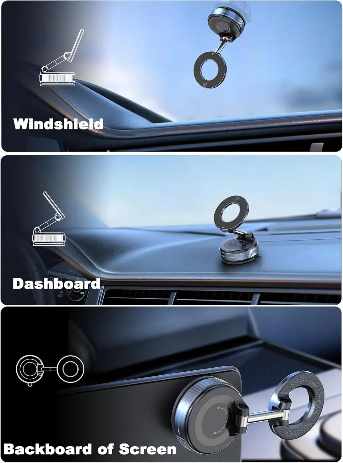 Drei Ansichten eines 360°-verstellbaren magnetischen Handyhalters für Auto, montiert an Windschutzscheibe, Armaturenbrett und
