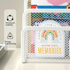 White metal mesh desk file organizer with labeled compartments for storing memories and files.