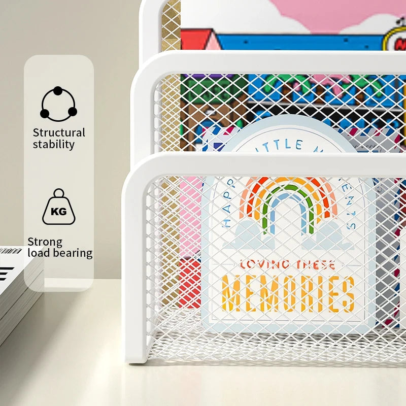 White metal mesh desk file organizer with labeled compartments for storing memories and files.