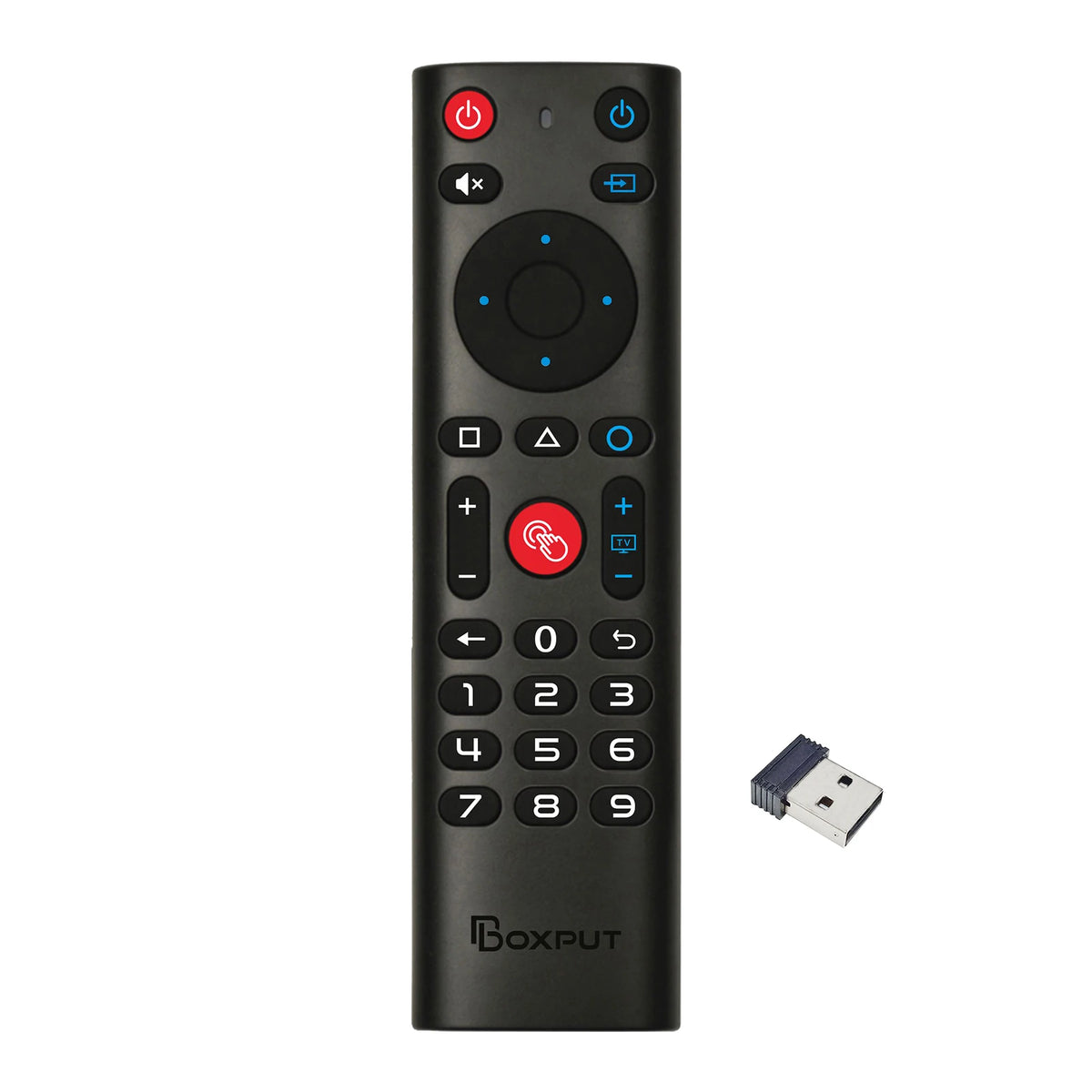Black wireless gyro air mouse remote with backlit keys and voice control features
