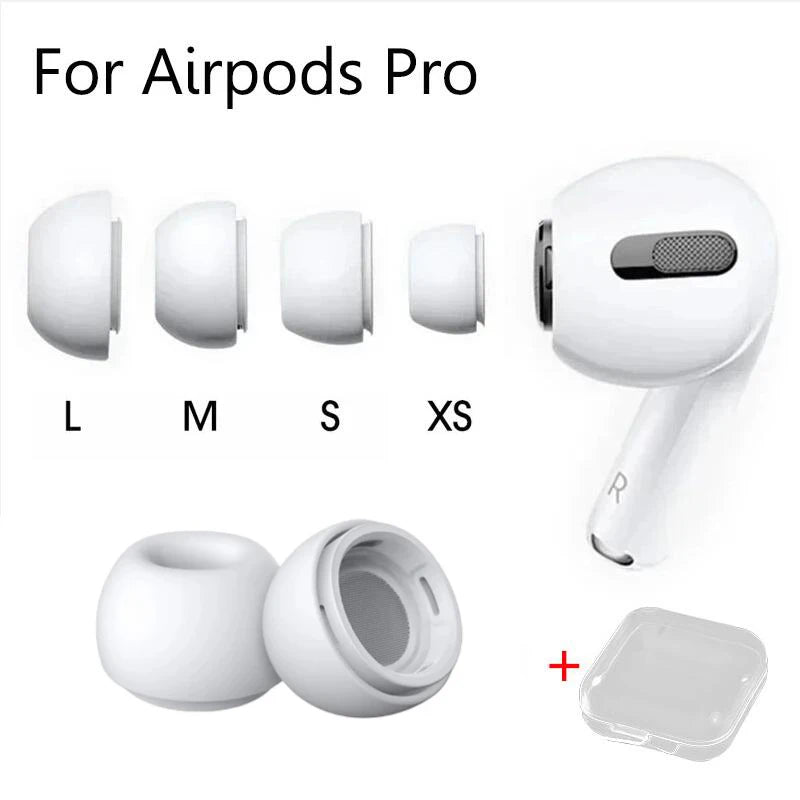 Replacement silicone eartips for AirPods Pro in various sizes L to XS and a clear case.