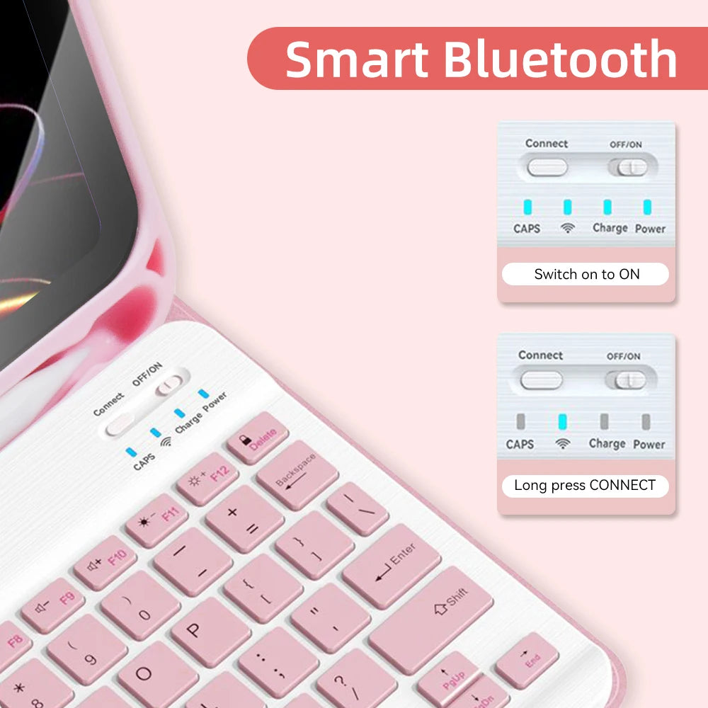 A pink iPad keyboard case with a built-in trackpad and Bluetooth controls shown next to an iPad.