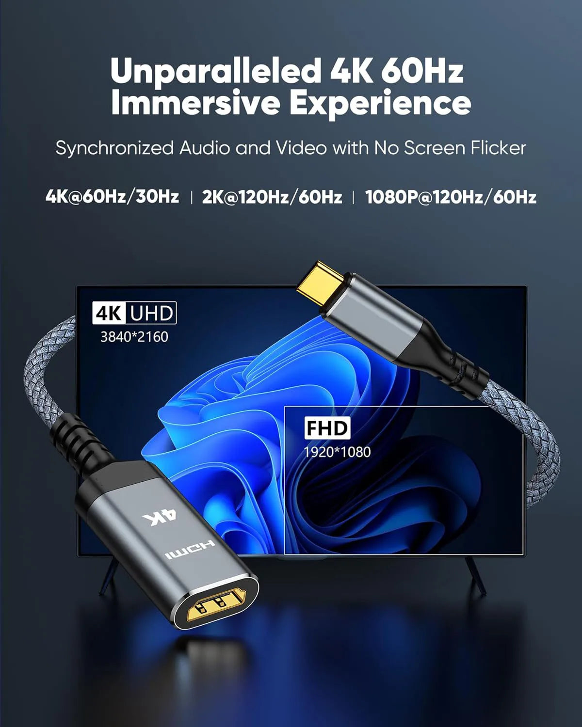 USB-C-auf-HDMI-Kabel verbindet eine 4K UHD-Quelle mit einem Display für ein immersives Videoerlebnis.