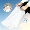 Hands are shown opening a white bulk waterproof packaging bag, with a piece of gray material visible nearby.