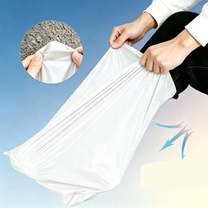 Hands are shown opening a white bulk waterproof packaging bag, with a piece of gray material visible nearby.