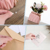 Pink fabric and adhesive dots are shown in various craft and decor contexts.