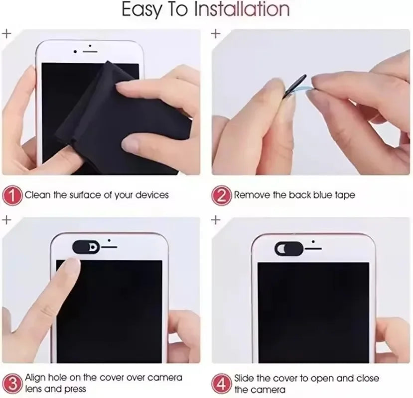 Instructions showing how to install universal camera privacy sliders on a mobile device.