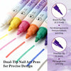 A collection of dual-tip nail art pens in various colors and metallic shades shown with brush tips.