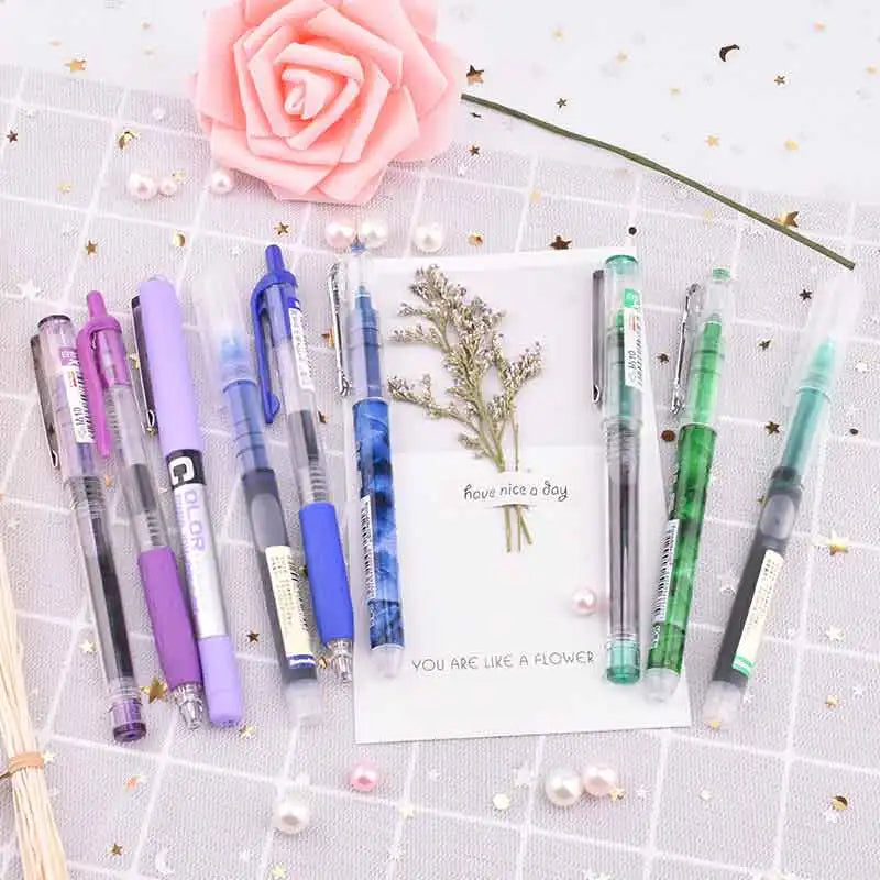 A set of precision rollerball gel pens in various colors, including purple, blue, and green, displayed on a white card.