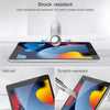 Two tempered glass screen protectors are shown demonstrating shock-resistant and scratch-resistant qualities on an iPad displ