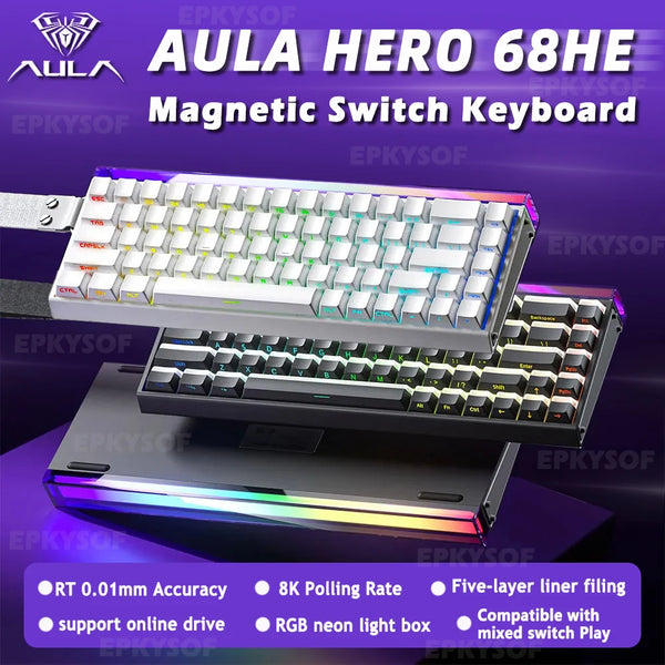 AULA HERO 68HE magnetic switch keyboard shown with RGB lighting and a detachable cable.