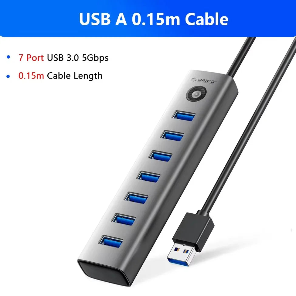 A black 7-port USB 3.0 hub with a cable shown connected to a device.