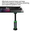 An adjustable bracket with a threaded rod is shown, designed to prevent heavy GPUs from sagging or bending.