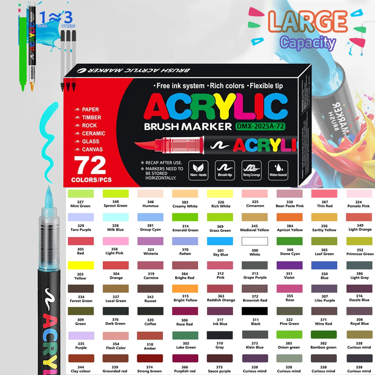 Box of Acrylic Brush Markers featuring 72 colors and tips for DIY crafts