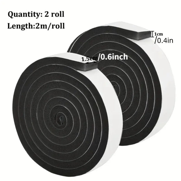 Two rolls of black and white self-adhesive foam window sealing strips, 2 meters long per roll.