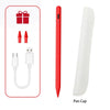 A red pen cap and a white stylus pen are shown with accessories like a charging cable.