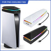 A white and black RGB gaming cooler stand for PS5, showing the fan unit in various orientations.