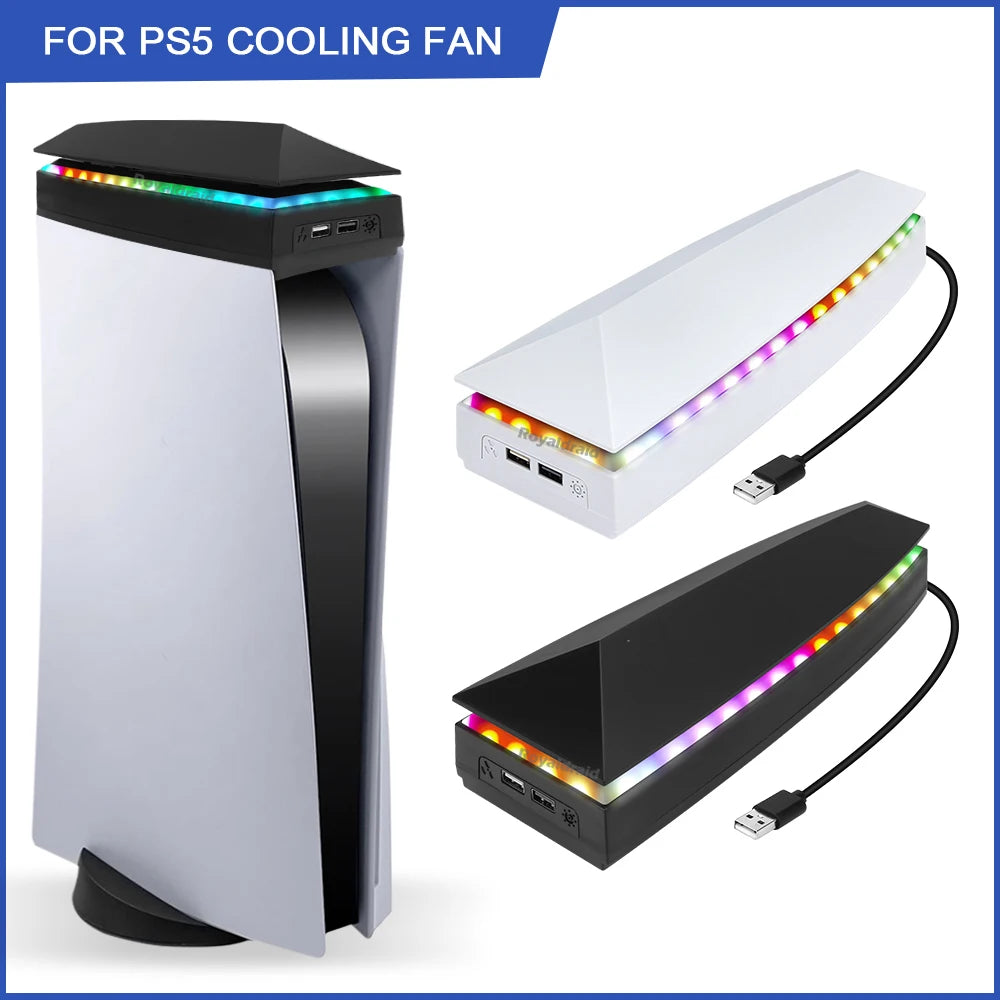 A white and black RGB gaming cooler stand for PS5, showing the fan unit in various orientations.