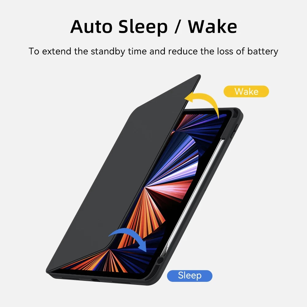 A close-up view of an iPad displaying an auto sleep/wake feature, showing the screen transitioning between wake and sleep sta