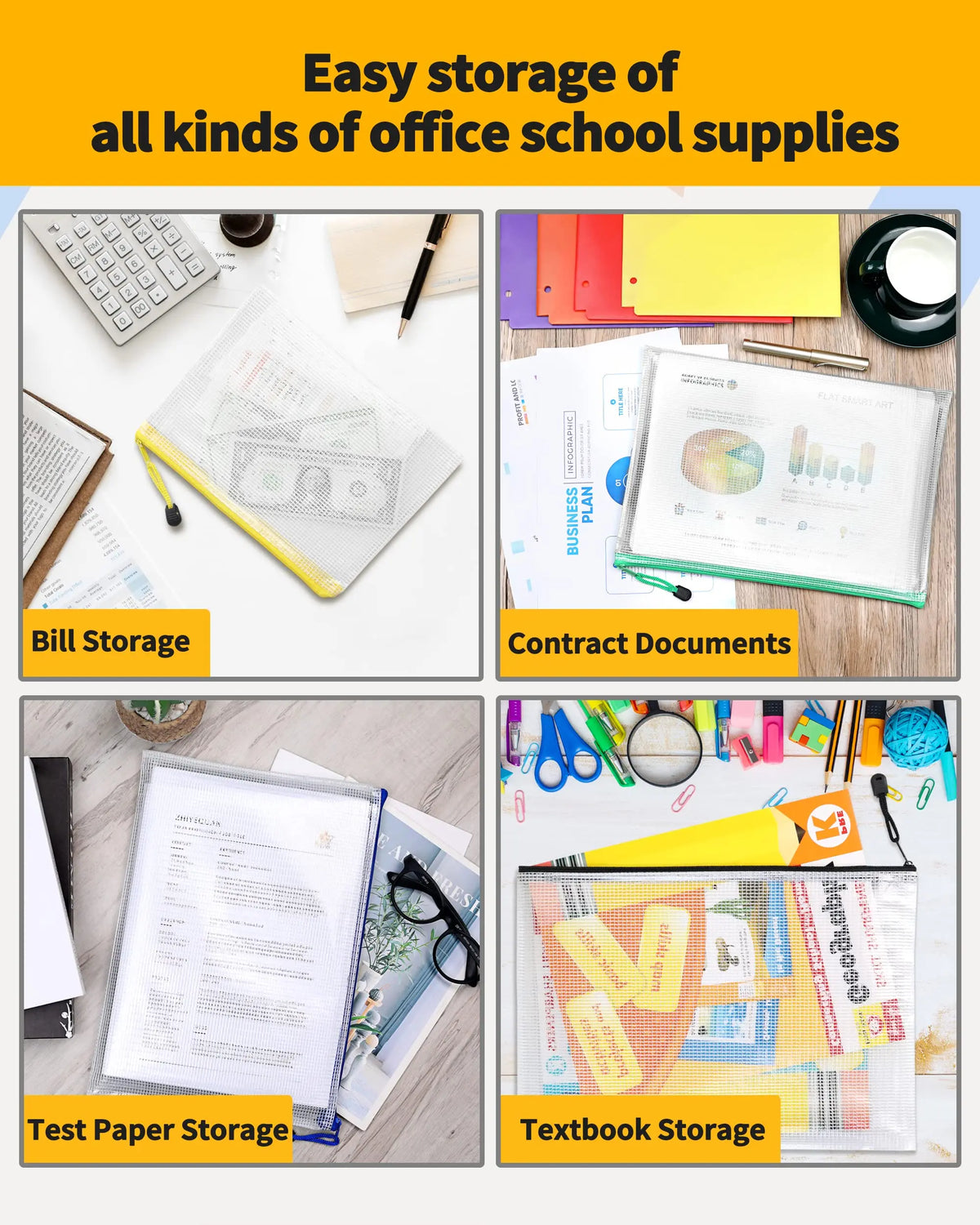 Un juego de bolsas organizadoras transparentes con cierre para guardar documentos de oficina y escuela