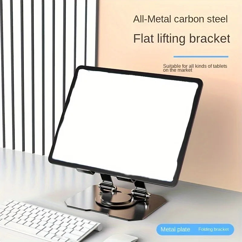 All-metal carbon steel flat lifting bracket for tablets shown on a desk.