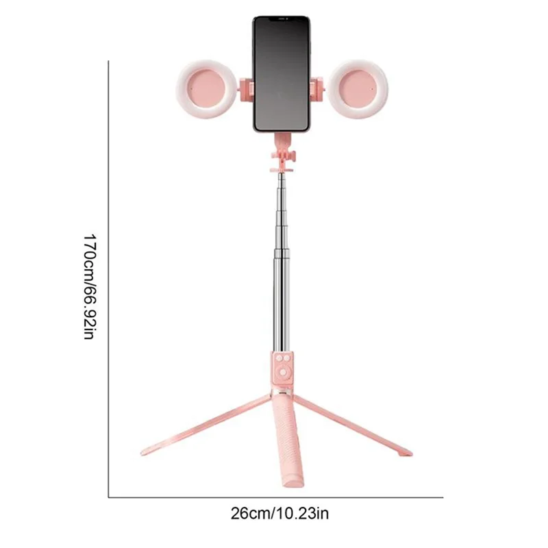 A pink multifunctional selfie stick tripod with a smartphone mount and two circular lights.
