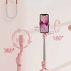 A pink 360-degree rotating selfie stick is shown mounted on a stand, demonstrating multi-angle shooting capabilities.