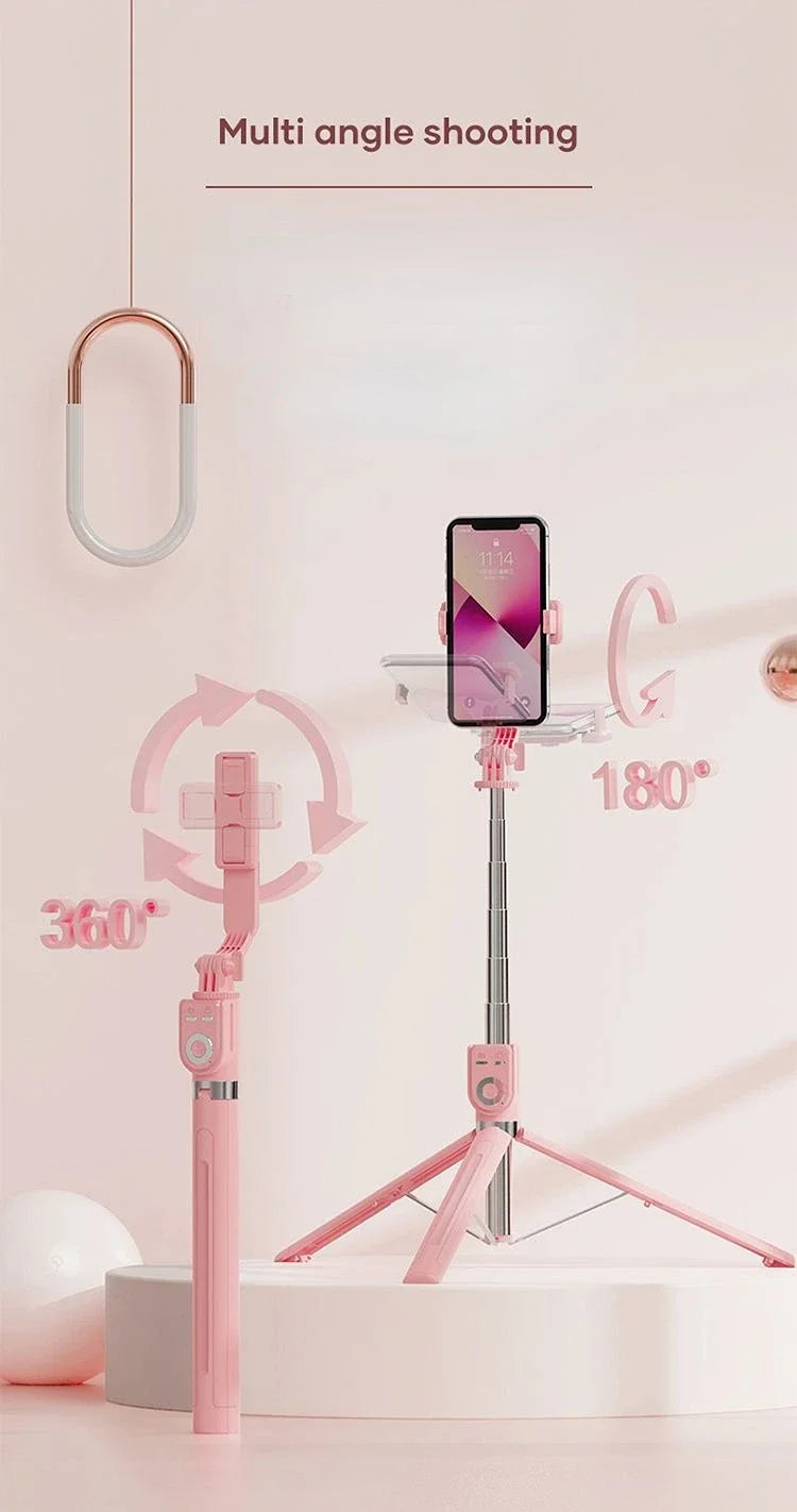 A pink 360-degree rotating selfie stick is shown mounted on a stand, demonstrating multi-angle shooting capabilities.