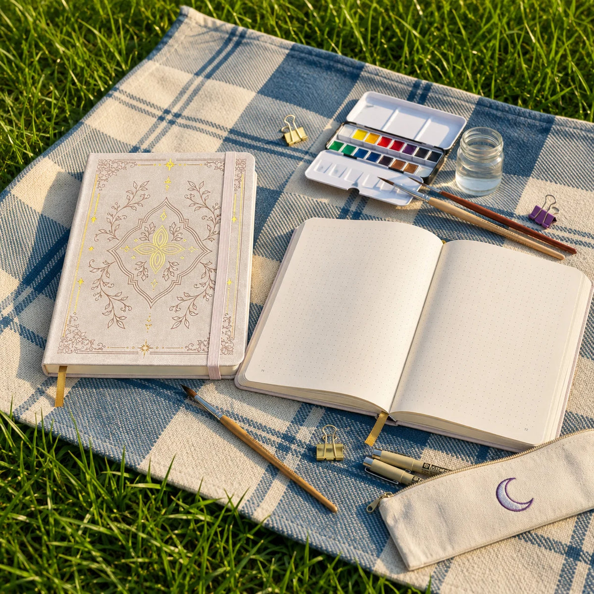 A white A5 dot grid notebook with a gold foil botanical cover lies on a blue and white plaid cloth outdoors.