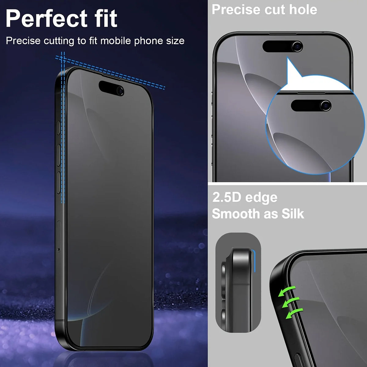 A matte ceramic privacy screen protector for an iPhone is shown with features like a precise cut hole and a smooth edge.